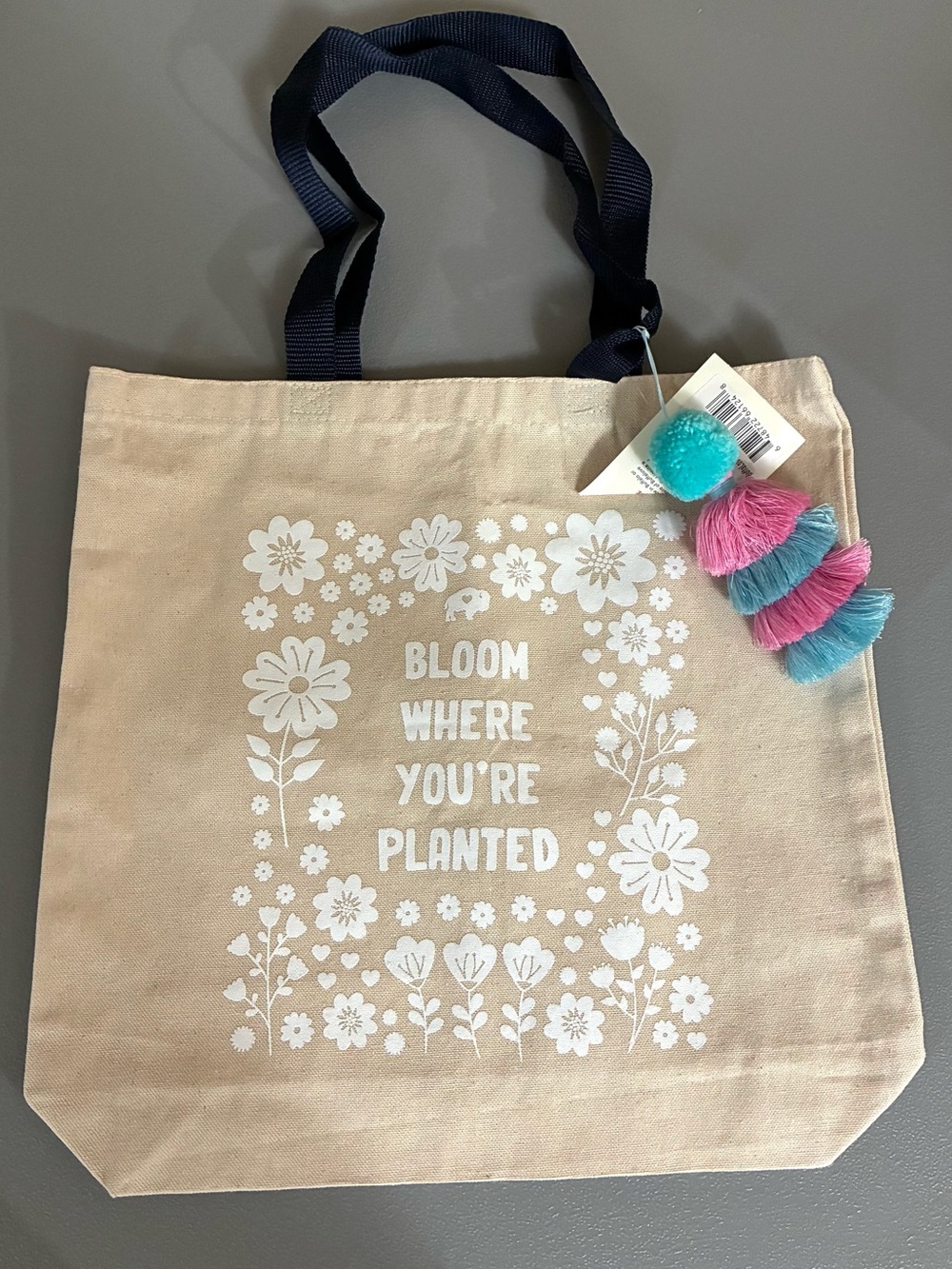 Tan and Black Tote Bag with Decorative Tassel